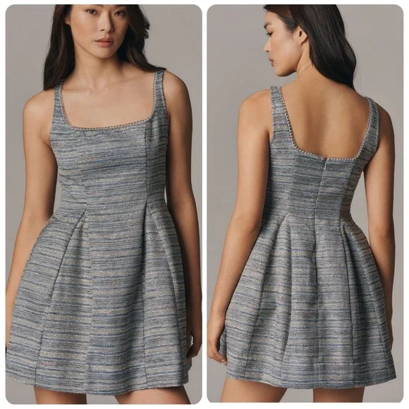 By Anthropologie Silver Metallic Tweed Fit Flare Mini Dress women's size 14‎ NEW